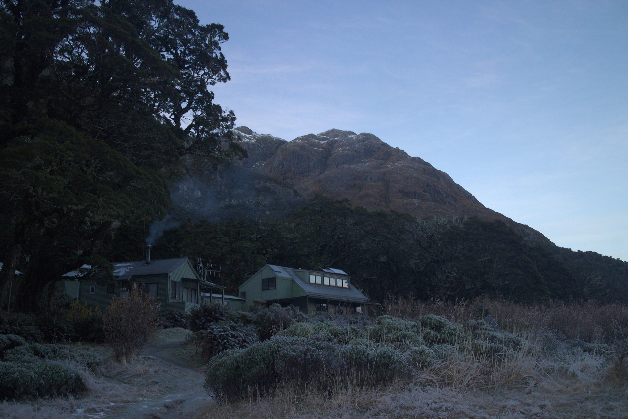 Cold morning at Lake Mackenzie Hut on the Routeburn Track